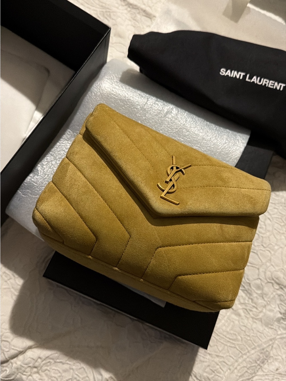 Saint Laurent toy Lou Mustard Yellow Suede Chevron YSL Shoulder Bag